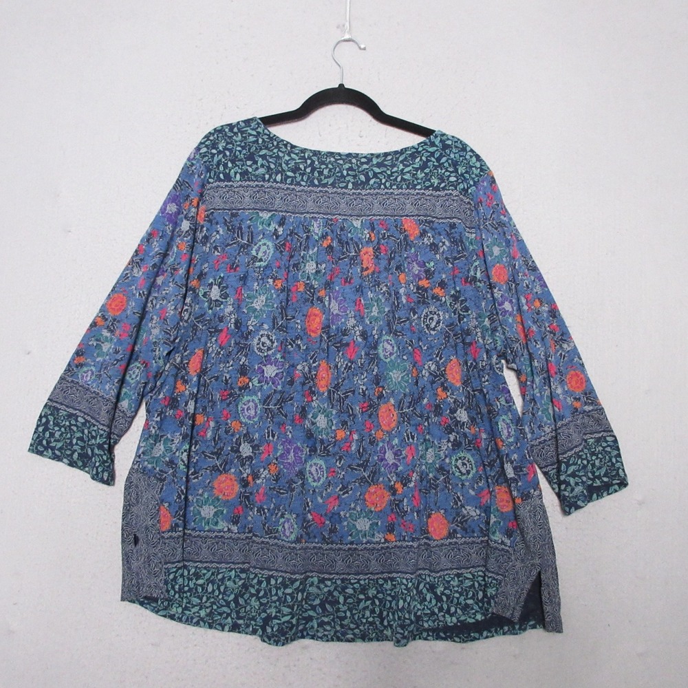 Lucky Brand Top Plus 3X Blue Floral Mixed Print Boho V-Neck 3/4 Sleeve Mix Print - Picture 3 of 10